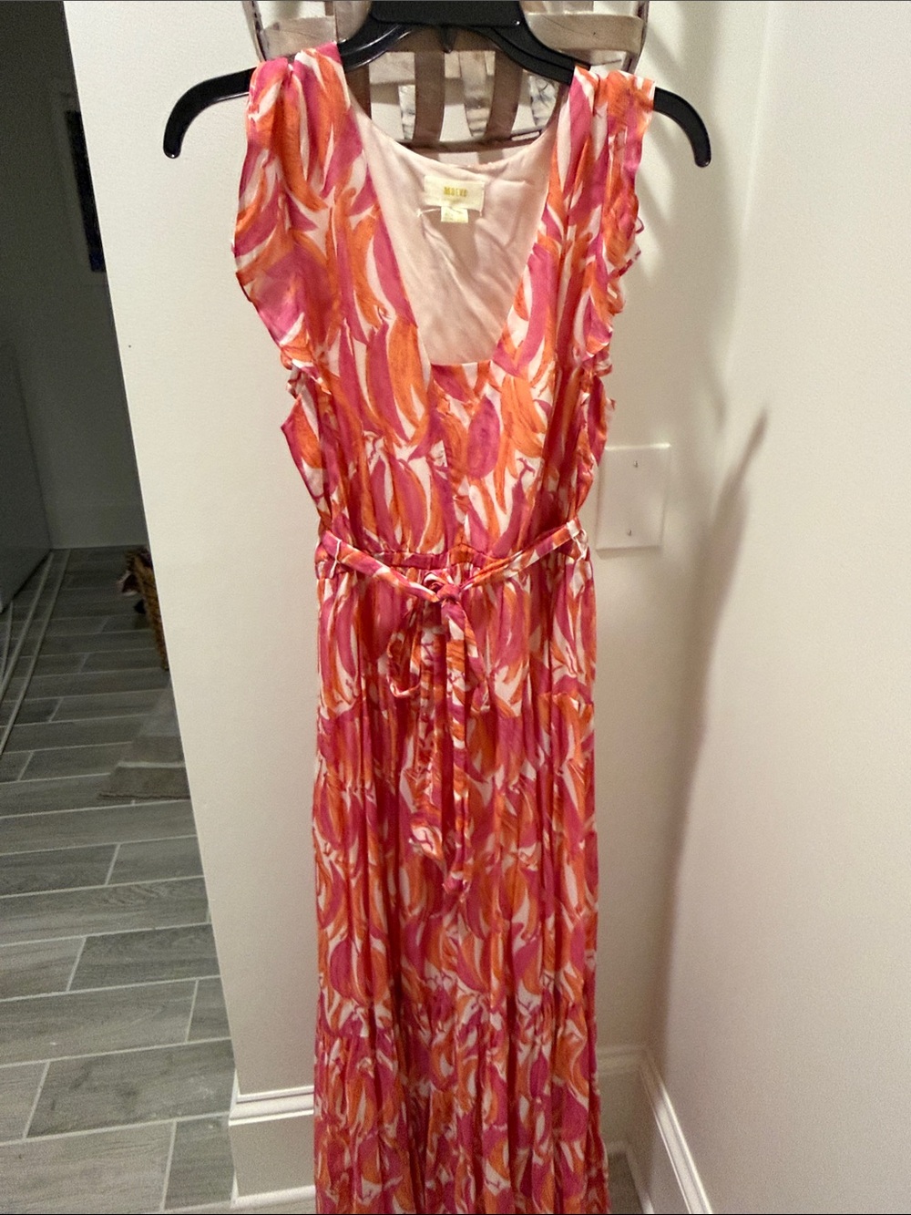 Maeve Pink & Orange Printed Ruffled-Sleeve Maxi Dress